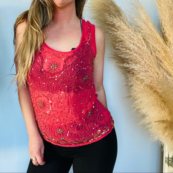 ANTHROPOLOGIE Moulinette Soeurs Pink Red Sequin Sheer Tank Top Blouse Shirt 4 - Picture 4 of 9